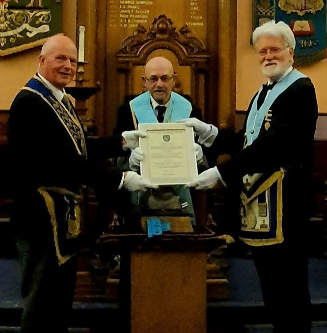 (L-R) David Marsh, Steve Coupland WM of Mitre Lodge and James Mackman